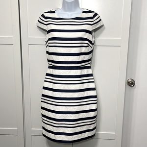 J. Crew White and Navy Stripe Cap Sleeve Linen Sheath Dress Size 2 EUC